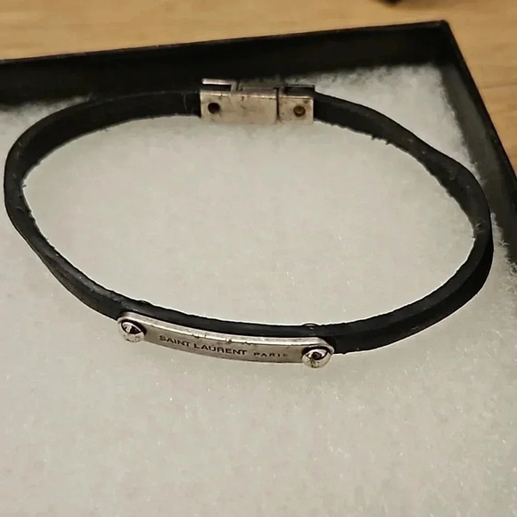 Yves Saint Laurent Jewelry - Saint Laurent Logo Leather Silver Tone Bracelet
